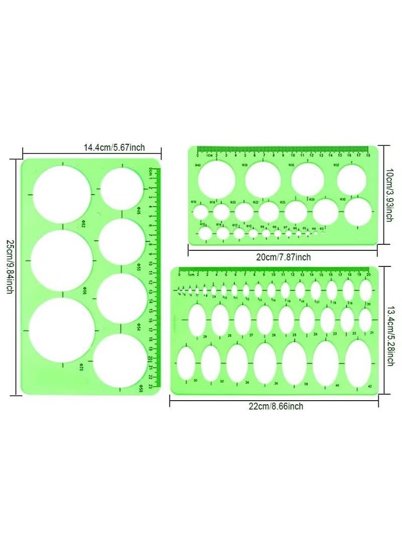 3 Pieces Circle and Oval Stationery Template, Clear Green Plastic Measuring Template Ruler, Geometric Ruler Template Digital Drawing for Office and School, Drawing Templates (3 Styles)
