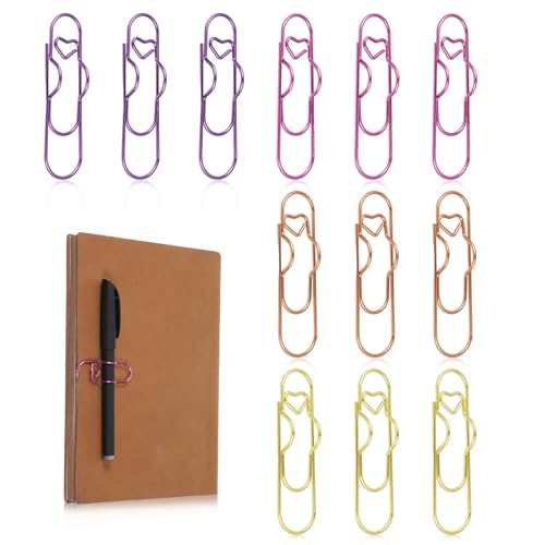 IANFAN 12 Pcs Metal Pen Clips for Notebook, 2.8 Inch Paper Clip Pen Holder for Notebooks Papers Planner Jumbo Office Supplies, Gold/Purple/Pink/Red Heart Shape - Image 3