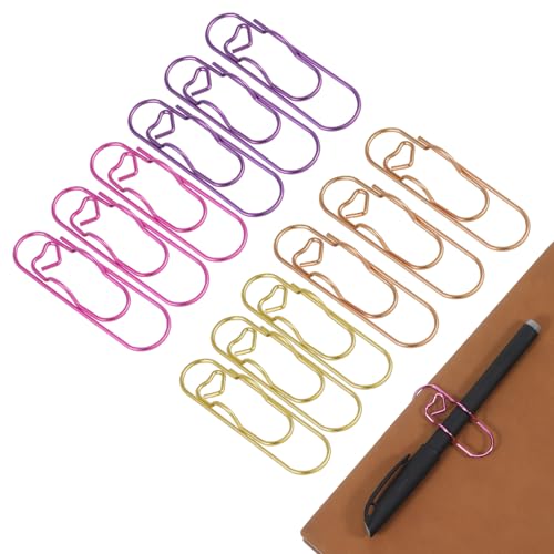 IANFAN 12 Pcs Metal Pen Clips for Notebook, 2.8 Inch Paper Clip Pen Holder for Notebooks Papers Planner Jumbo Office Supplies, Gold/Purple/Pink/Red Heart Shape - Image 1