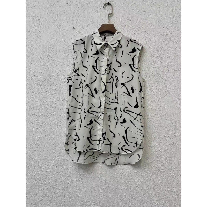 Icic Xiaohe New Cotton Silk Simple Lapel Loose Irregular Printed Sleeveless Shirt - Image 1