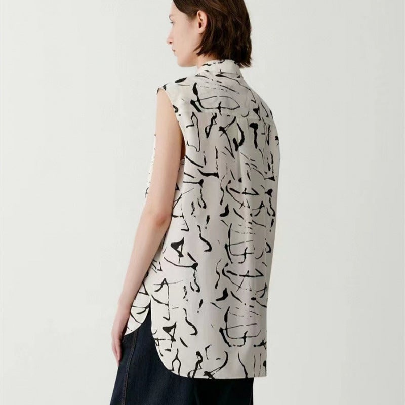 Icic Xiaohe New Cotton Silk Simple Lapel Loose Irregular Printed Sleeveless Shirt - Image 3
