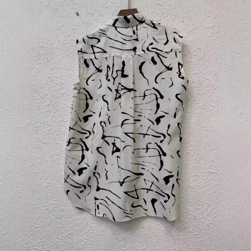 Icic Xiaohe New Cotton Silk Simple Lapel Loose Irregular Printed Sleeveless Shirt - Image 5