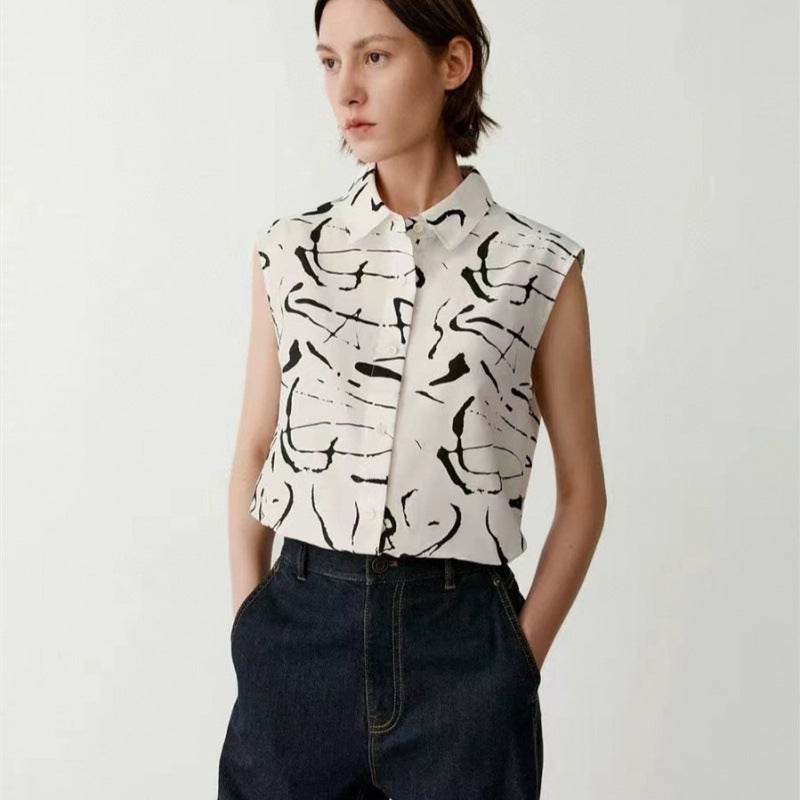 Icic Xiaohe New Cotton Silk Simple Lapel Loose Irregular Printed Sleeveless Shirt - Image 2