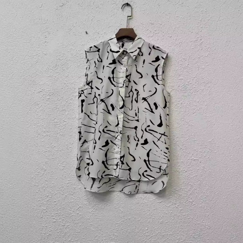 Icic Xiaohe New Cotton Silk Simple Lapel Loose Irregular Printed Sleeveless Shirt - Image 4