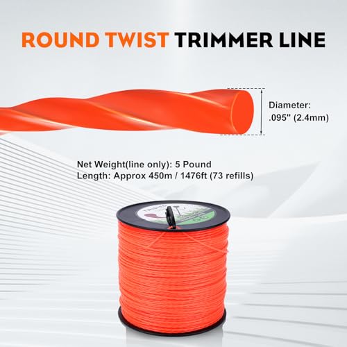 Hipa .095” 5-Pound by 1889-ft Trimmer Line Round Twist,Commercial 2.4 mm/095-Inch String Trimmer Line in Spool,Weed Eater String 095,with Line Cutter,Orange,SOAK for 24H Before Using - Image 3