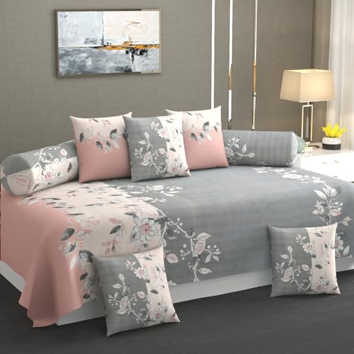 KETOSTICS 300 TC 100% Pure Cotton Diwan Set Covers 8 Pieces Pure Cotton Designer Printed Standard Diwan Set (1 Single Bedsheet, 2 Bolster Covers, 5 Cushion Covers) (DS- AS 01) - Image 1