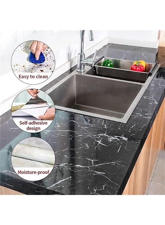 هومستر ورقة الرخام ، ورقة الجدران اللاصقة الذاتية مقاومة للماء لامعة PVC الفينيل ، دليل الزيت ، ورقة الجرانيت للأثاث غطاء السطح ، سطح المقابل ، المطبخ ، الأسود - Image 3