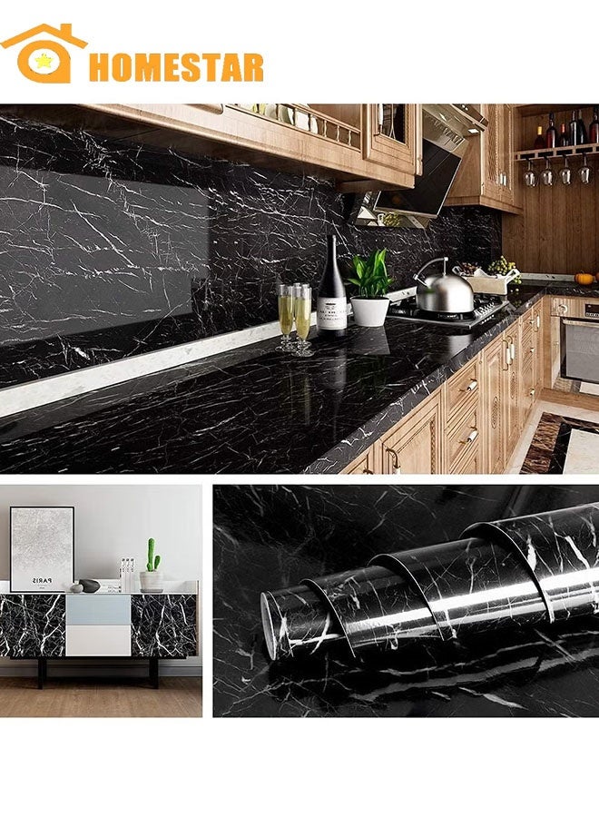 هومستر ورقة الرخام ، ورقة الجدران اللاصقة الذاتية مقاومة للماء لامعة PVC الفينيل ، دليل الزيت ، ورقة الجرانيت للأثاث غطاء السطح ، سطح المقابل ، المطبخ ، الأسود - Image 1