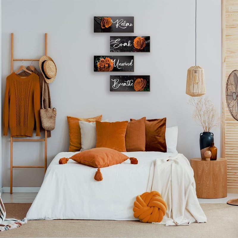 ZINYAZHE 4Pcs Orange Bathroom Decor Orange Rose Wall Decor Wooden Orange Bathroom Accessories with Relax Soak Unwind Breathe Wall Art For Girl Women Bedroom Living Room Home Decoration - Image 2