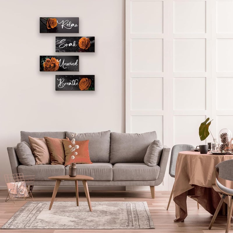 ZINYAZHE 4Pcs Orange Bathroom Decor Orange Rose Wall Decor Wooden Orange Bathroom Accessories with Relax Soak Unwind Breathe Wall Art For Girl Women Bedroom Living Room Home Decoration - Image 5