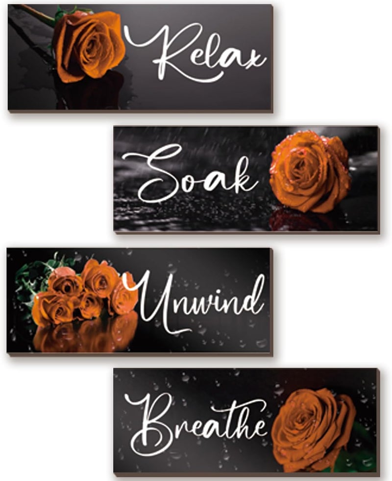 ZINYAZHE 4Pcs Orange Bathroom Decor Orange Rose Wall Decor Wooden Orange Bathroom Accessories with Relax Soak Unwind Breathe Wall Art For Girl Women Bedroom Living Room Home Decoration - Image 1
