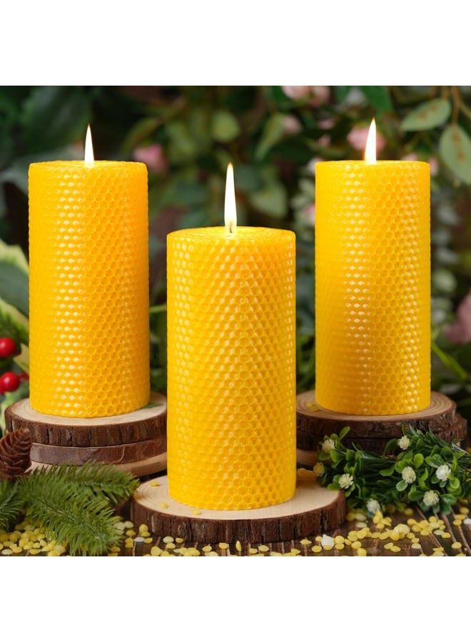 MAKALONE 3 Pack Natural Beeswax Pillar Candles,2.8x6in Handmade Beeswax Rolled Candles,129 Hours Long Burning Honeycomb Bees Wax Candle for Gift & Home Decor,Dripless Smokeless Unscented - Image 1