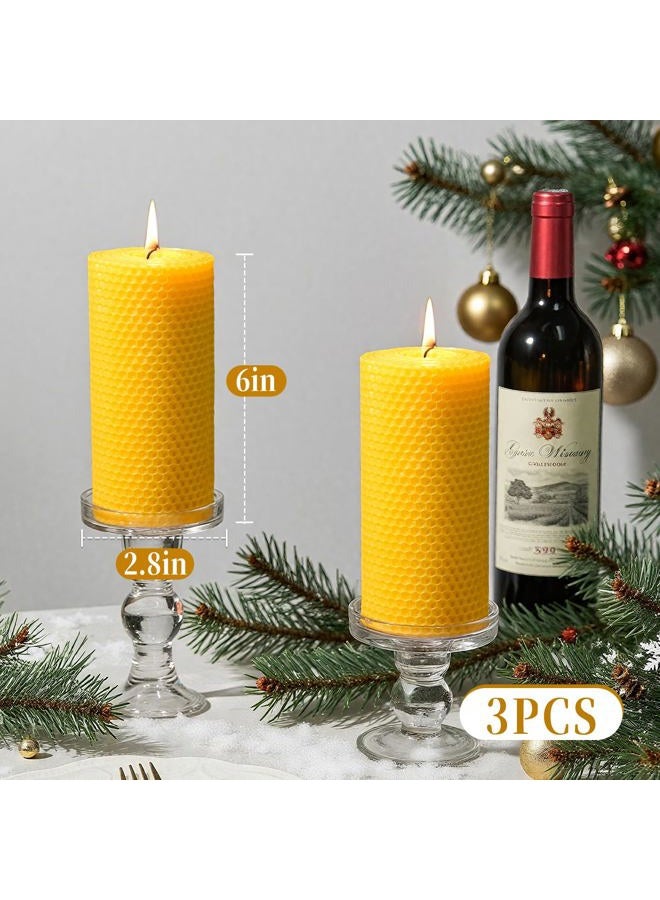 MAKALONE 3 Pack Natural Beeswax Pillar Candles,2.8x6in Handmade Beeswax Rolled Candles,129 Hours Long Burning Honeycomb Bees Wax Candle for Gift & Home Decor,Dripless Smokeless Unscented - Image 3