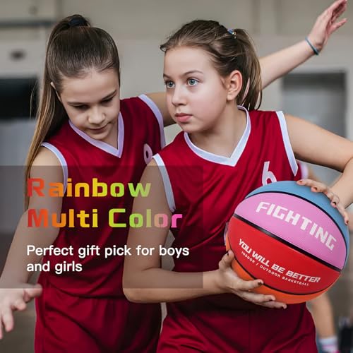 AXGUIQ Kids Youth 27.5" Fighting Size 5 Colorful Basketball Vibrant Rainbow Design Premium Thickened Rubber Wear Resistant Outdoor Basketball for Boys Girls Gifts Play Game (Deflated) - Image 4