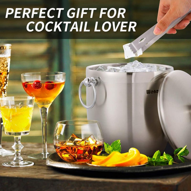WENEGG 3L Insulated Stainless Steel Ice Bucket with Lid, Scoop, Tongs & Strainer - Keeps Ice Frozen for Cocktails & Parties - Image 2