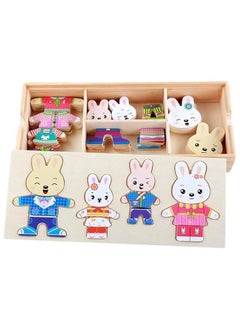 Wooden Jigsaw Toy Rabbit Family Dress-Up Wooden Puzzles Toy Sorting and Matching Jigsaw Games with Clothes Changing Pretend for Children