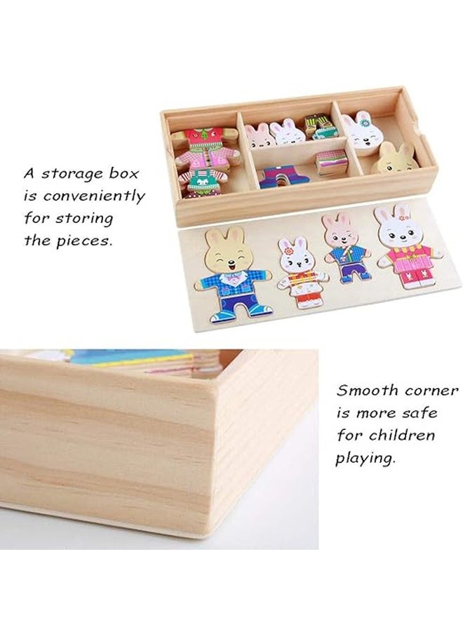 ZCM-HAPPY - Wooden Jigsaw Toy Rabbit Family Dress-Up Wooden Puzzles Toy Sorting and Matching Jigsaw Games with Clothes Changing Pretend for Children - Image 1