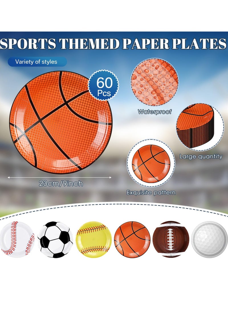 Sports Themed Party Tableware Set for Birthday Celebrations, Includes 9 Inch Paper Plates, 9 Ounce Cups, and Napkins for Basketball and Football Events, Perfect for 60 Guests  - Image 2