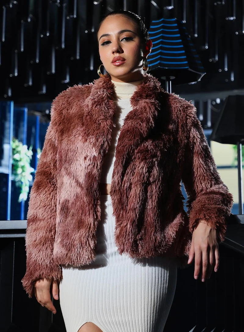 PINACOLADA Women's Dye-Fur Shawl Jacket | Shawl Collar , Long Regular Sleeves, Pull On Closure | Abstract Print Fur Knitted Jacket For Casual & Daily Wear | Chocolate Brown