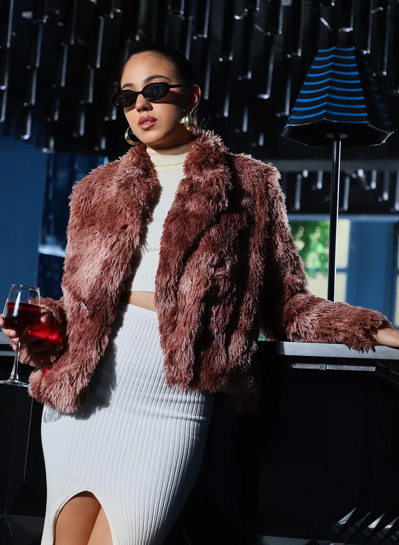 PINACOLADA Women's Dye-Fur Shawl Jacket | Shawl Collar , Long Regular Sleeves, Pull On Closure | Abstract Print Fur Knitted Jacket For Casual & Daily Wear | Chocolate Brown