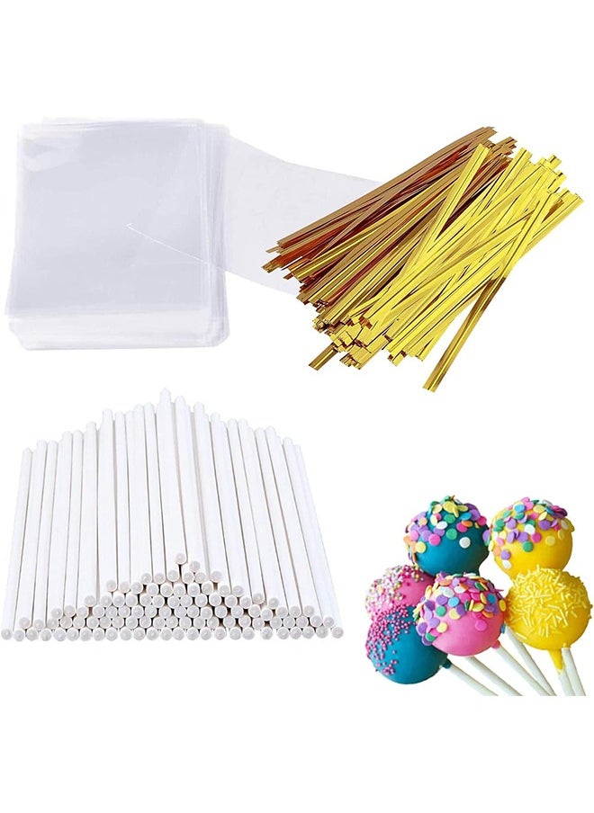 Arabest 300PCS DIY Cake Pop Sticks and Wrappers Set, Including Paper Lollipop Sticks, Clear Candy Treat Bags Parcel, Gold Twist Ties for Cakepop, Lollipop, Hard Candy, Suckers, Chocolate Gift  - Image 1