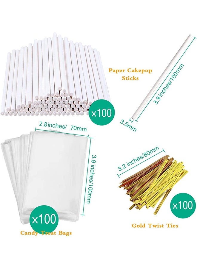 Arabest 300PCS DIY Cake Pop Sticks and Wrappers Set, Including Paper Lollipop Sticks, Clear Candy Treat Bags Parcel, Gold Twist Ties for Cakepop, Lollipop, Hard Candy, Suckers, Chocolate Gift  - Image 2