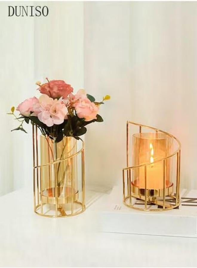 DUNISO Metal bracket glass vase with six light pink simulated peonies, golden cylindrical vase, flower arrangement piece, suitable for dining table center and living room  - Image 3