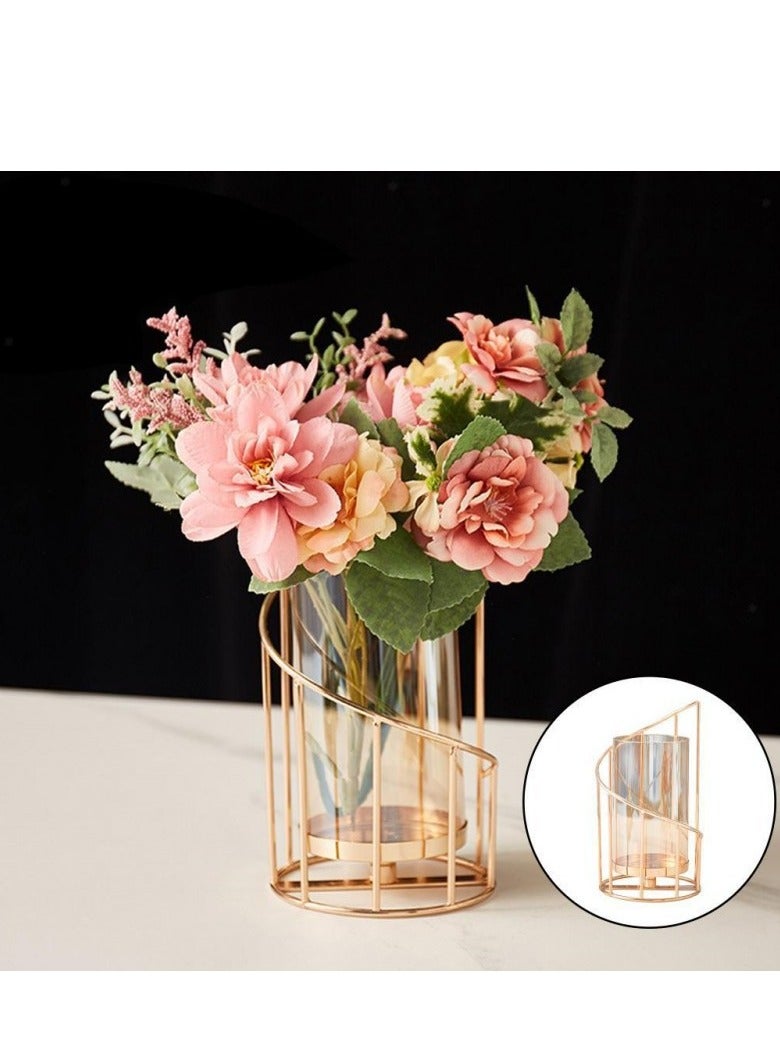DUNISO Metal bracket glass vase with six light pink simulated peonies, golden cylindrical vase, flower arrangement piece, suitable for dining table center and living room  - Image 1