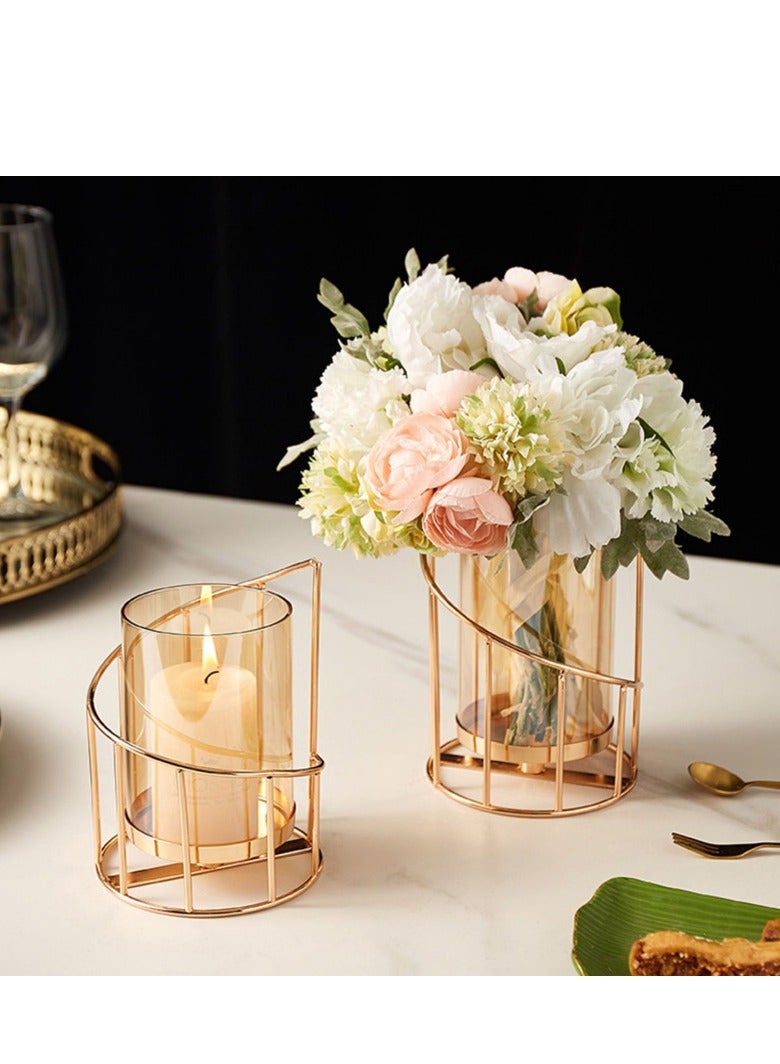 DUNISO Metal bracket glass vase with six light pink simulated peonies, golden cylindrical vase, flower arrangement piece, suitable for dining table center and living room  - Image 5