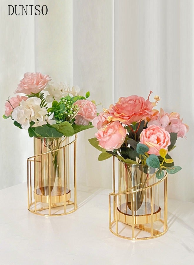DUNISO Metal bracket glass vase with six light pink simulated peonies, golden cylindrical vase, flower arrangement piece, suitable for dining table center and living room  - Image 4