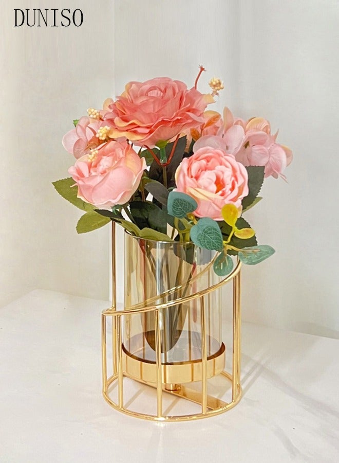 DUNISO Metal bracket glass vase with six light pink simulated peonies, golden cylindrical vase, flower arrangement piece, suitable for dining table center and living room  - Image 2