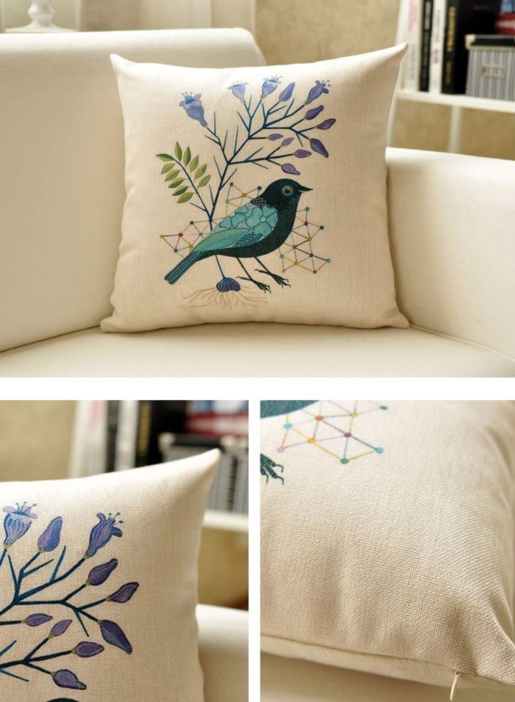 Set of 4 Floral Bird Cotton Linen Square Pillowcases with Invisible Zipper, 18 x 18 in/45 x 45 cm, Perfect for Sofa, Bedroom, Terrace, and Office Upholstery. - Image 3