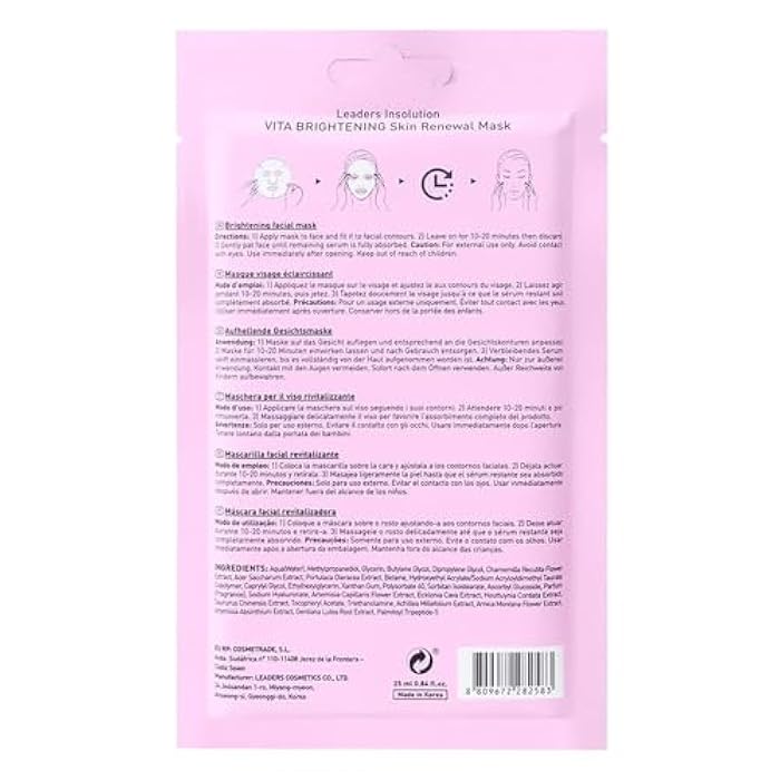 Leaders Insolution VITA Brightening Skin Renewal Mask | Vitamin C & Niacinamide for Dark Spot Reduction and Luminous Glow | 100% Natural Cotton Sheet for Dull Skin (5 Sheets) - Image 4