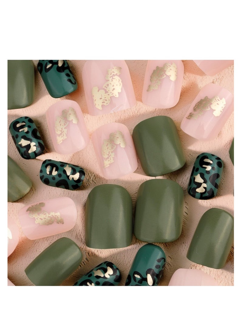 SYOSI Short Press on Square Fake Nails, Green Leopard Print Acrylic Full Cover False Nails with Gold Foil Graphic Designs Glossy Glue on Nails Short Stick on Nails Artificial Nails for Women Girls (24Pcs) - Image 3