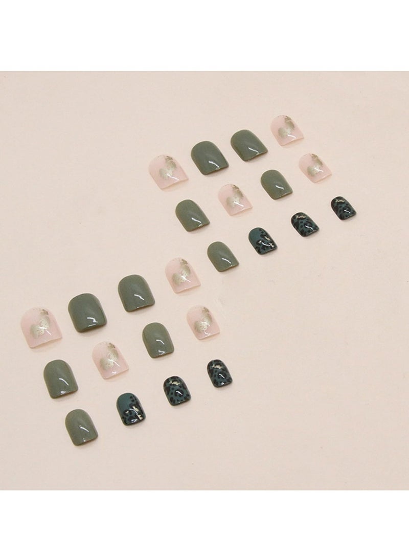 SYOSI Short Press on Square Fake Nails, Green Leopard Print Acrylic Full Cover False Nails with Gold Foil Graphic Designs Glossy Glue on Nails Short Stick on Nails Artificial Nails for Women Girls (24Pcs) - Image 5