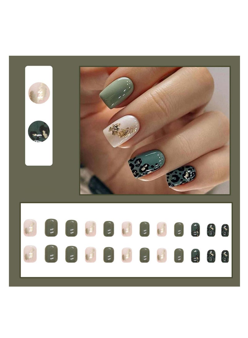 SYOSI Short Press on Square Fake Nails, Green Leopard Print Acrylic Full Cover False Nails with Gold Foil Graphic Designs Glossy Glue on Nails Short Stick on Nails Artificial Nails for Women Girls (24Pcs) - Image 1