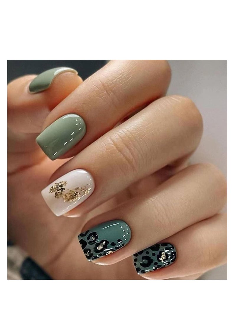SYOSI Short Press on Square Fake Nails, Green Leopard Print Acrylic Full Cover False Nails with Gold Foil Graphic Designs Glossy Glue on Nails Short Stick on Nails Artificial Nails for Women Girls (24Pcs) - Image 4
