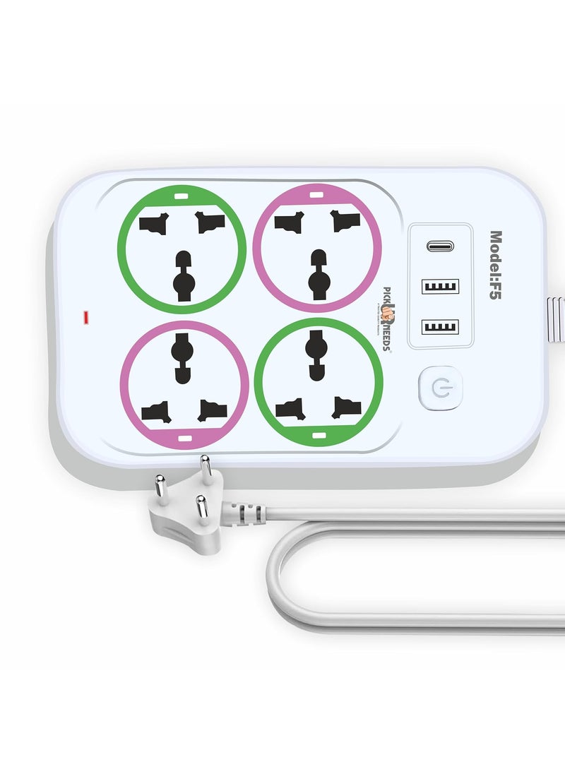 Pick Ur Needs Pick Ur Needs Extension Cord/Board/Power Strip 4 Socket with 2 USB + 1 C Type Charging Ports -10 Amp for Multiple Electronic Devices Smartphone Tablet Laptop 
