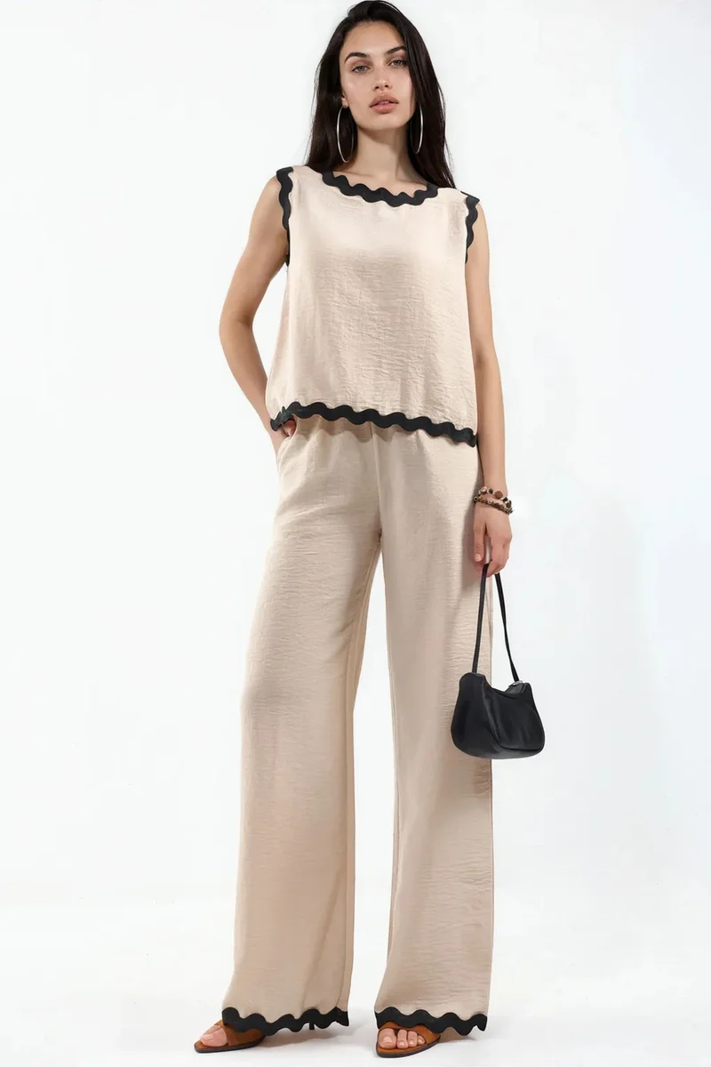 Jennyfer Color Block Linen Tunic And Wide-Leg Trousers Set