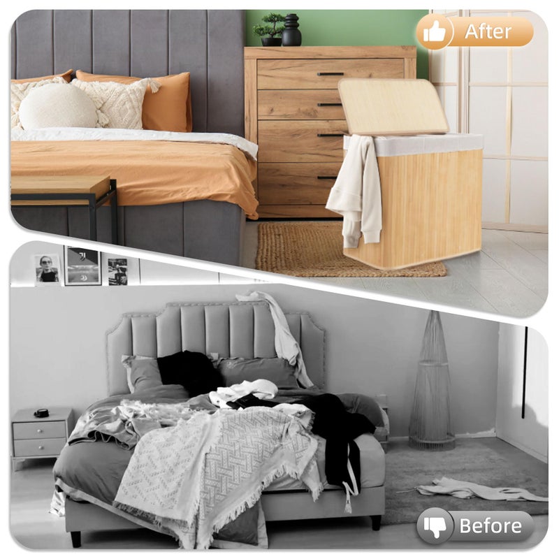 Aliphon 72L Slim Laundry Hamper with Lid, Foldable Bamboo Clothes Laundry Basket with Handles, Removable and Machine Washable Liner, for Bedroom, Bathroom, Dorm, Natural Beige - Image 4