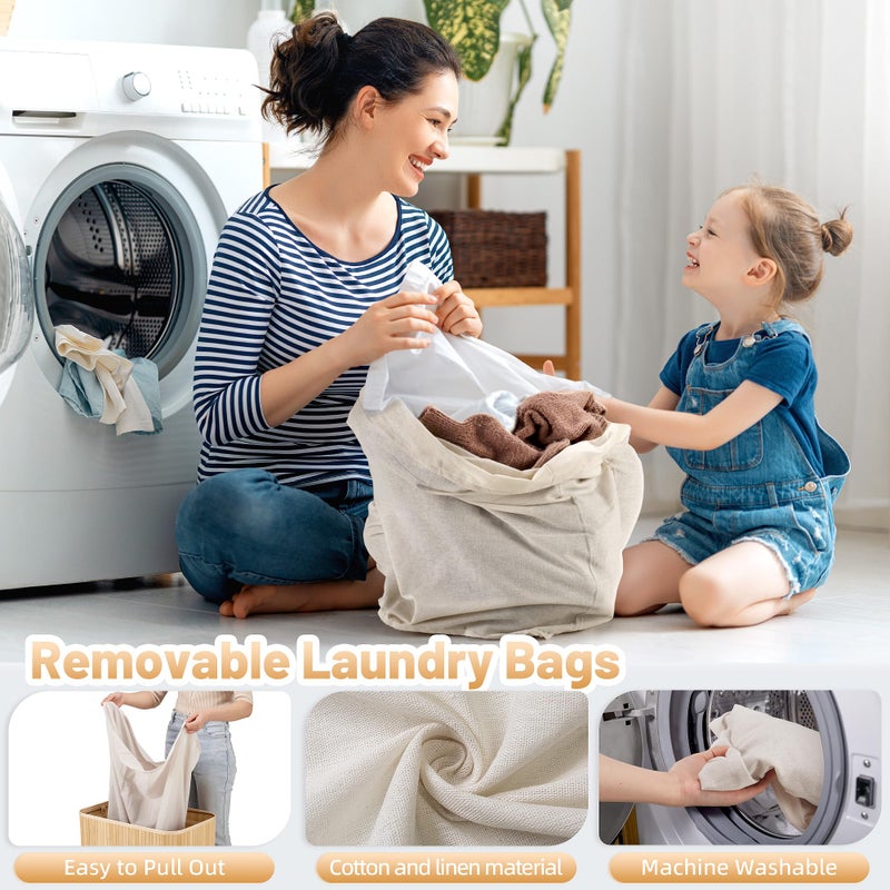 Aliphon 72L Slim Laundry Hamper with Lid, Foldable Bamboo Clothes Laundry Basket with Handles, Removable and Machine Washable Liner, for Bedroom, Bathroom, Dorm, Natural Beige - Image 5