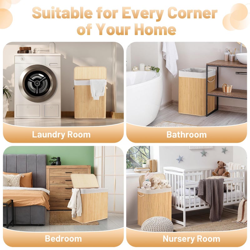 Aliphon 72L Slim Laundry Hamper with Lid, Foldable Bamboo Clothes Laundry Basket with Handles, Removable and Machine Washable Liner, for Bedroom, Bathroom, Dorm, Natural Beige - Image 3