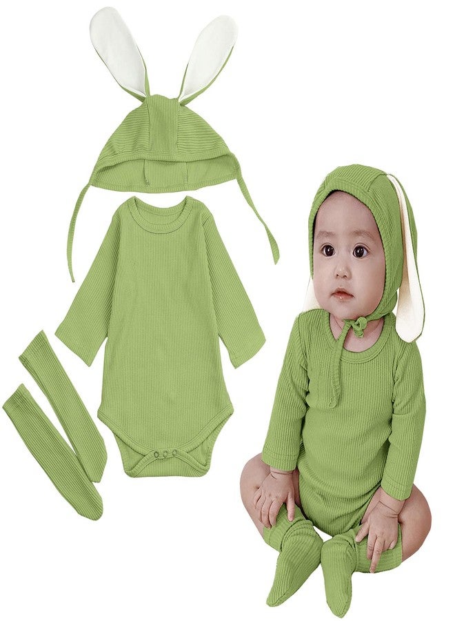 AGQT Baby Boys 1st Easter Outfit Set Long Sleeve Halloween Bunny Costume Mardi Gras Carnival 3pcs Bunny Ear Romper Baby Girls Animal Clothes Green Size 12-18 Months - Image 1