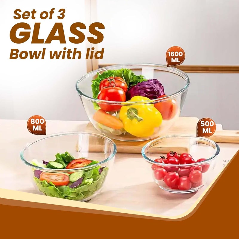 AGARO Borosilicate Glass Mixing Bowl with Lid, 3 Pcs Set (500ml, 800ml &1600ml), Serving Bowl, Kitchen, Oven & Microwave, Dishwasher and Freezer Safe, Scratch Resistant, Round, Transparent - Image 2