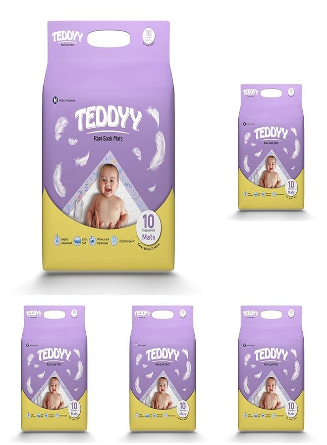 TEDDYY Baby Disposable Rapi-Soak Changing Mats Size - 60 X 60 Cm | 10 Count | Highly Absorbent | Unisex | Anti-Rash | Extra Soft top layer | Anti-Bacterial & Leak- Proof (Pack of 5)