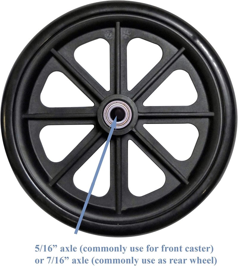Tuffcare Caster Wheel, Hard Rubber Tire, 8" x 1"- 1 9/16" Hub Width; Fits Most Sunrise, Medline, Drive, Invacare, E&J, Guardian, ALCO & Other Manual Wheelchairs (Black, 7/16" Axle, Narrow Hub)One Pair - Image 2