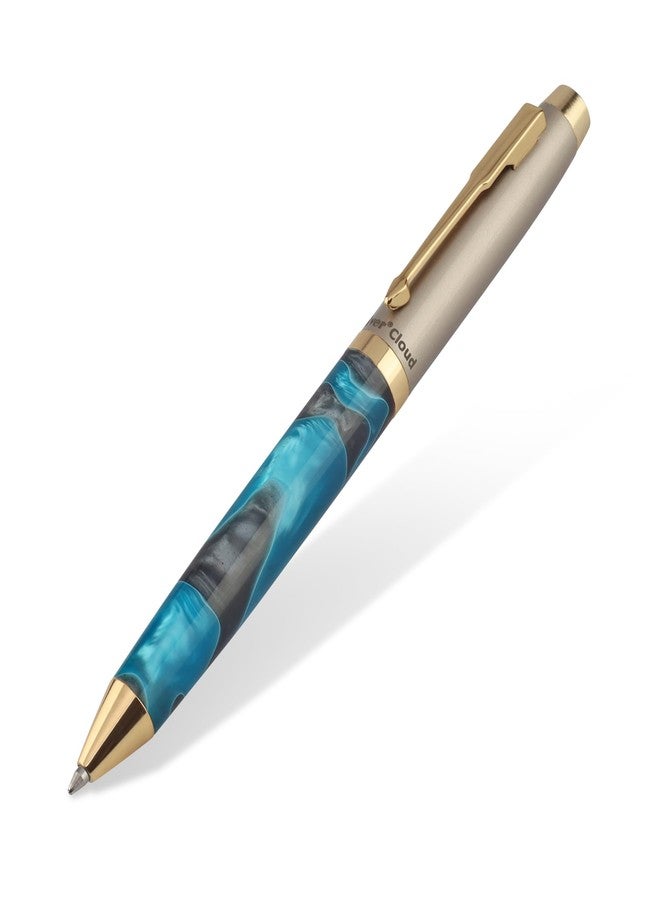 Oliver Cloud Acrylic G Ball Pen – Blue Swirl Half Brass & Acrylic Body, 0.6mm Jotter Refill, Twist Mechanism, Gold-Plated Trims with Premium T Box - Image 2