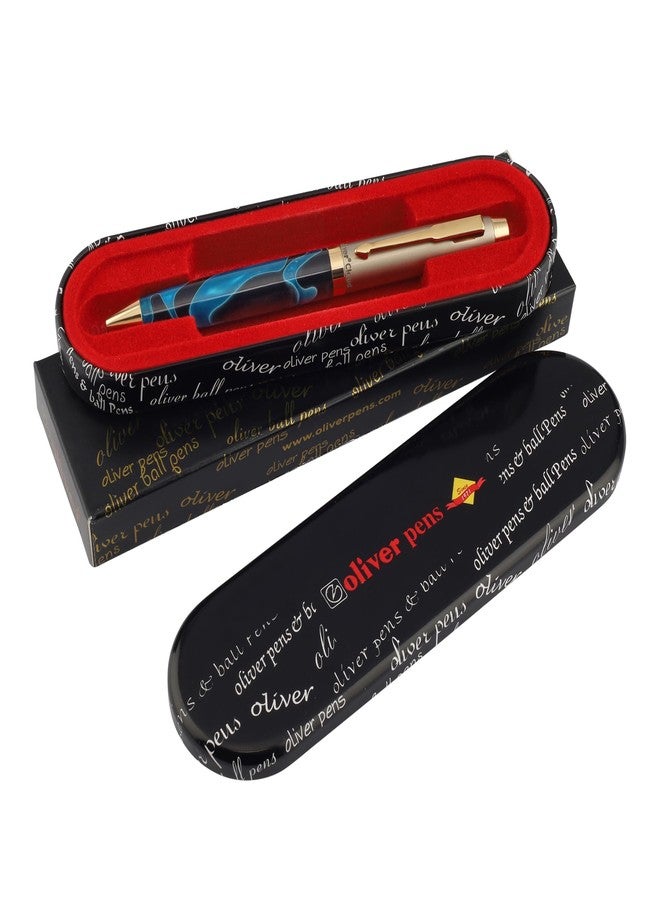 Oliver Cloud Acrylic G Ball Pen – Blue Swirl Half Brass & Acrylic Body, 0.6mm Jotter Refill, Twist Mechanism, Gold-Plated Trims with Premium T Box - Image 1