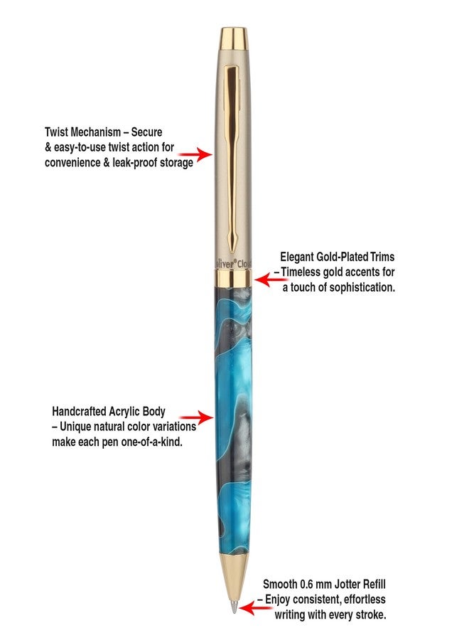 Oliver Cloud Acrylic G Ball Pen – Blue Swirl Half Brass & Acrylic Body, 0.6mm Jotter Refill, Twist Mechanism, Gold-Plated Trims with Premium T Box - Image 3