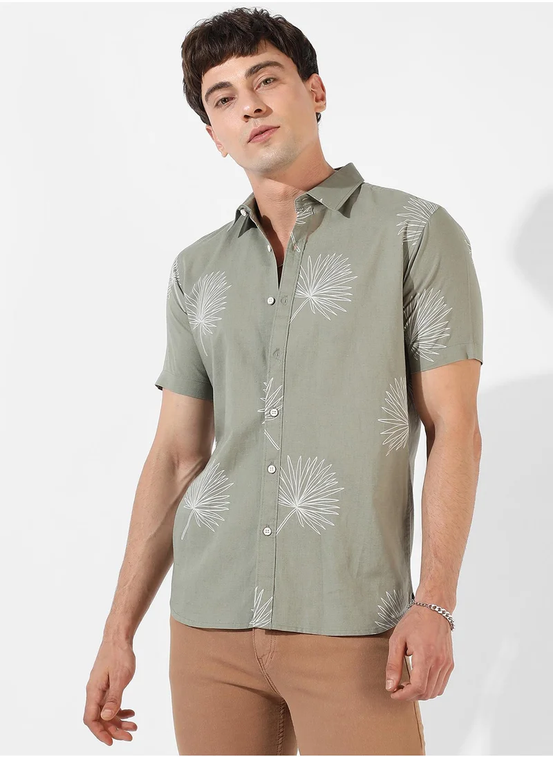 Campus Sutra Men's Sage Green Printed Regular Fit Casual Shirt